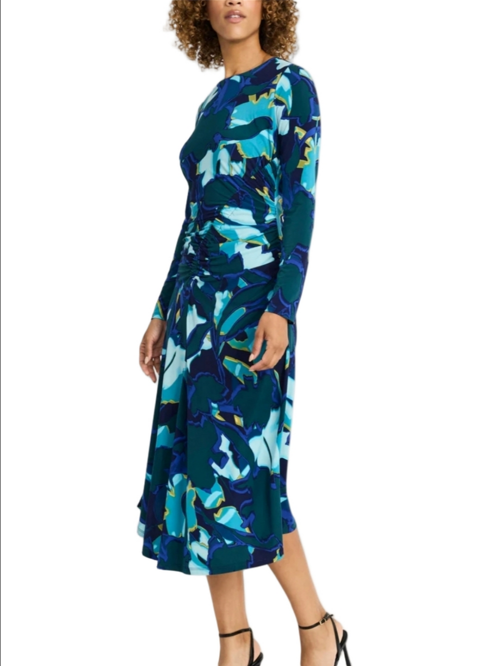 Maggy London ANA Blue Green Bold Floral Asymmetrical Gathered Midi Dress